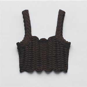 ZARA NEW WOMAN SS23 DARK BROWN TEXTURED CABLE-KNIT CROP TOP REF:2893/022